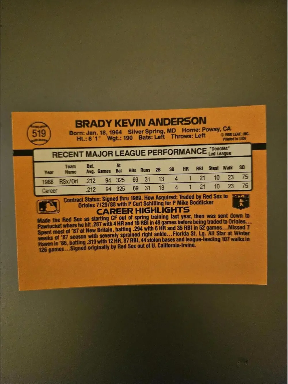 1989 Donruss #519 Brady Anderson (RC) Rookie Card - Baltimore Orioles
